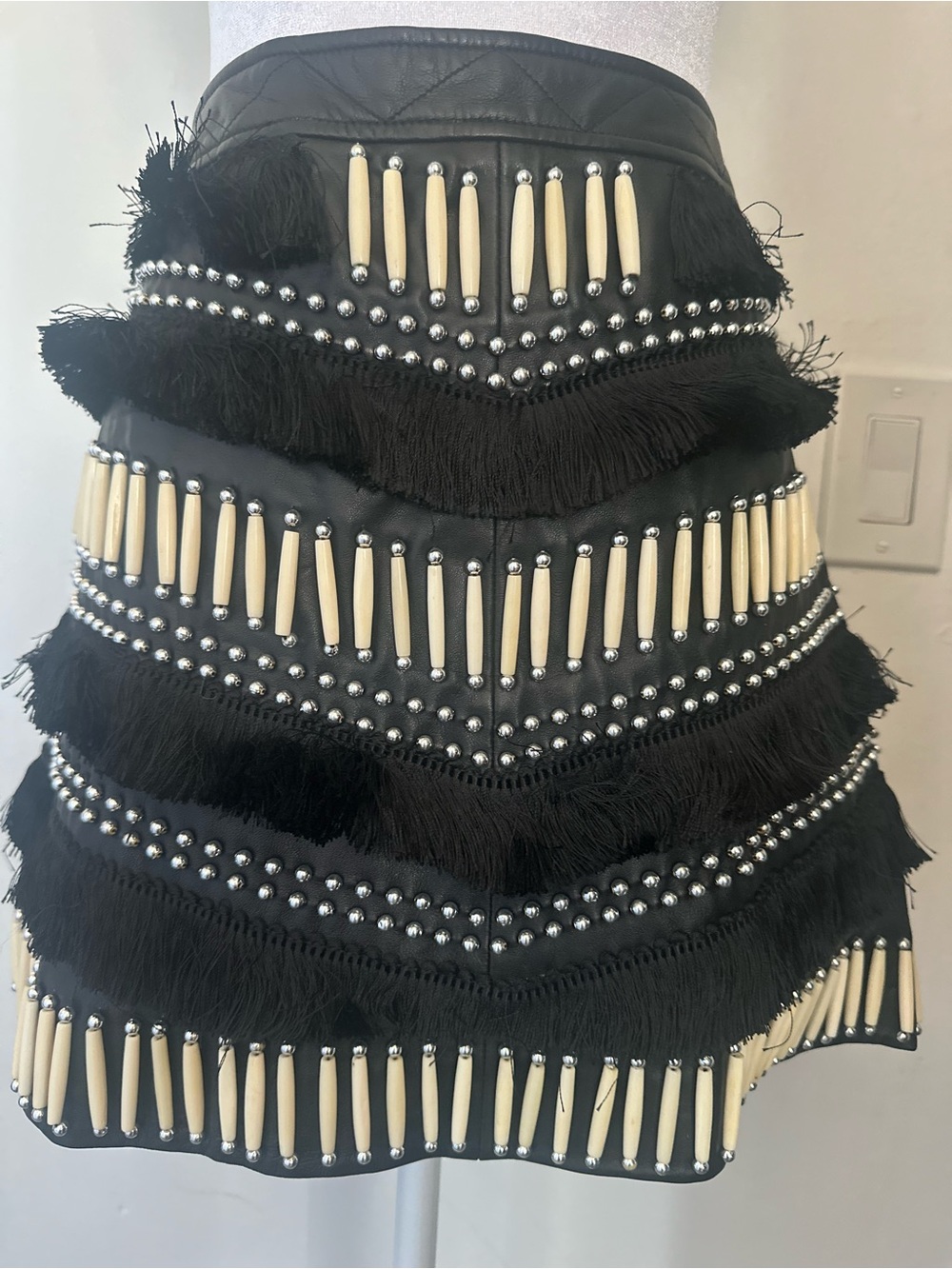 Nasty Gal NWOT Genuine Leather Easy Rider Fringed Beaded Mini Skirt Black L - Picture 5 of 10